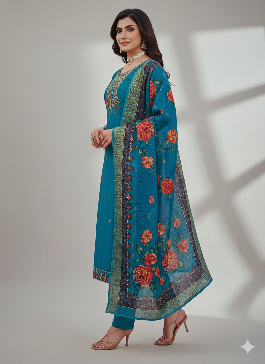 Teal Blue Embroidered 3-Piece Suit Set for Women – Kurta, Pant & Floral Printed Dupatta