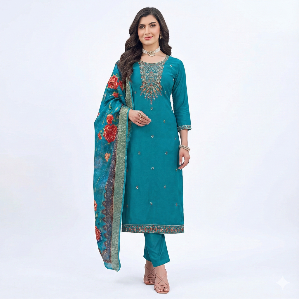 Teal Blue Embroidered 3-Piece Suit Set for Women – Kurta, Pant & Floral Printed Dupatta