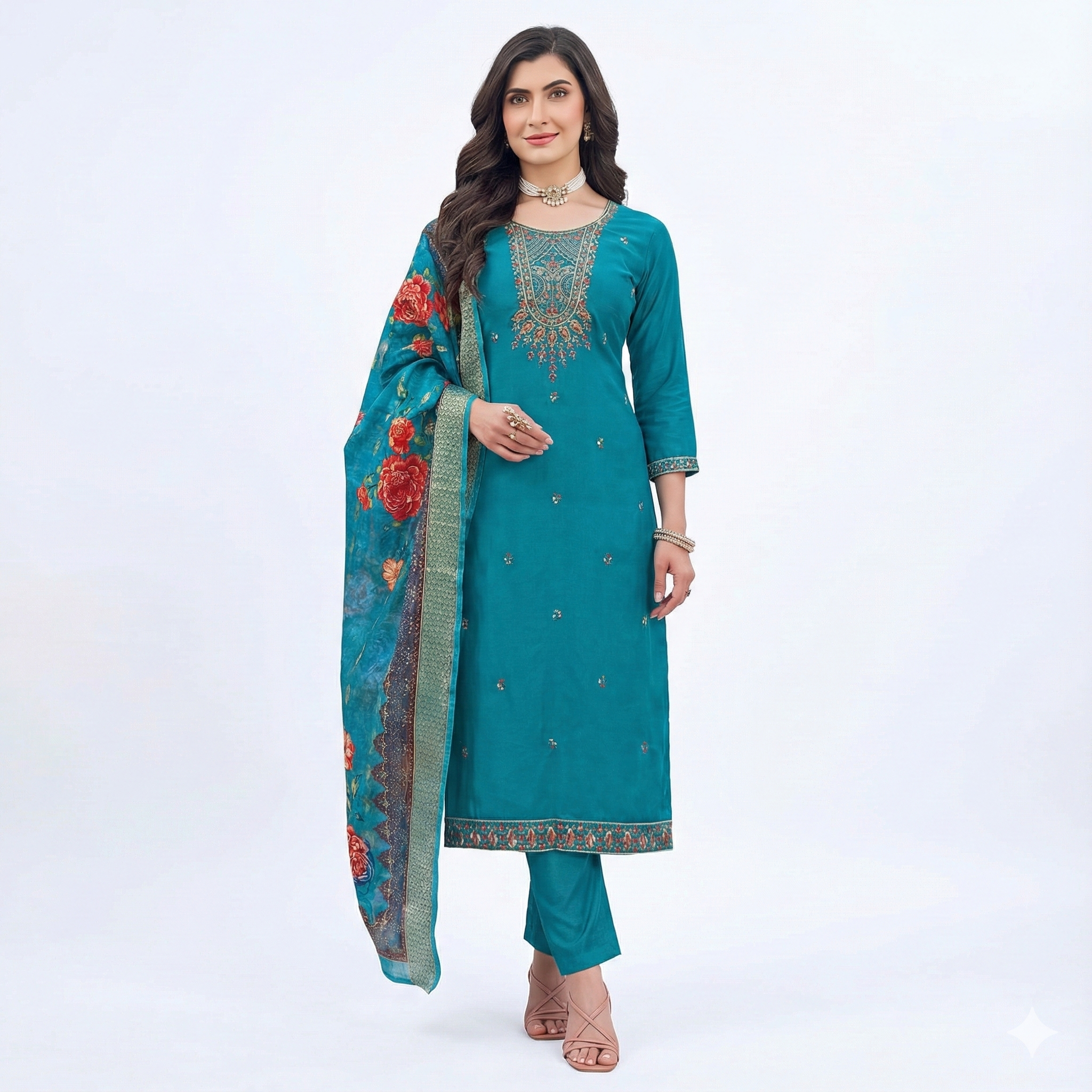 Teal Blue Embroidered 3-Piece Suit Set for Women – Kurta, Pant & Floral Printed Dupatta
