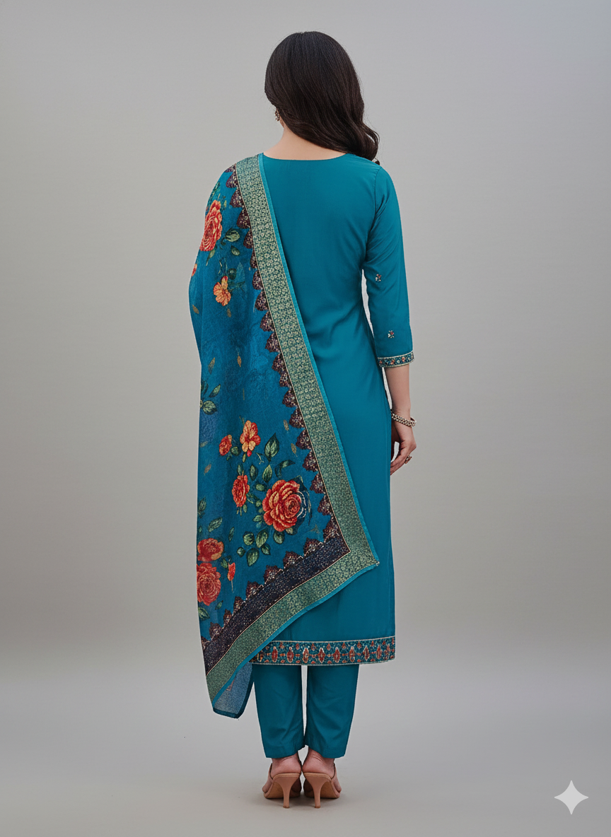 Teal Blue Embroidered 3-Piece Suit Set for Women – Kurta, Pant & Floral Printed Dupatta