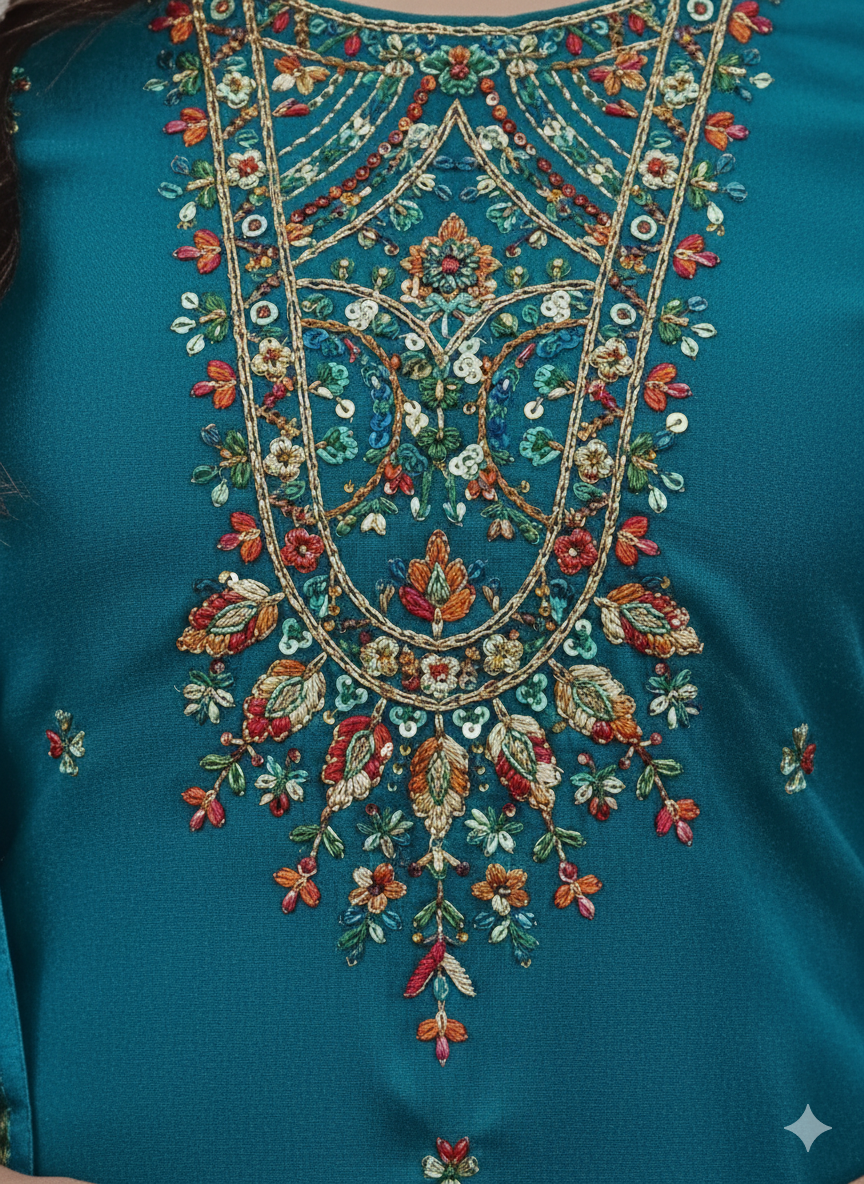 Teal Blue Embroidered 3-Piece Suit Set for Women – Kurta, Pant & Floral Printed Dupatta