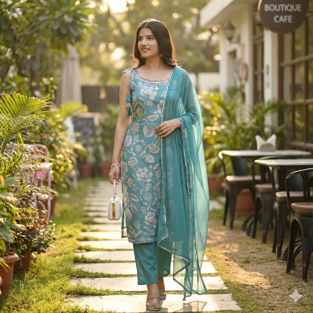 Teal Blue Floral Embroidered 3-Piece Suit Set with Chiffon Dupatta | Festive & Ethnic Wear for Women