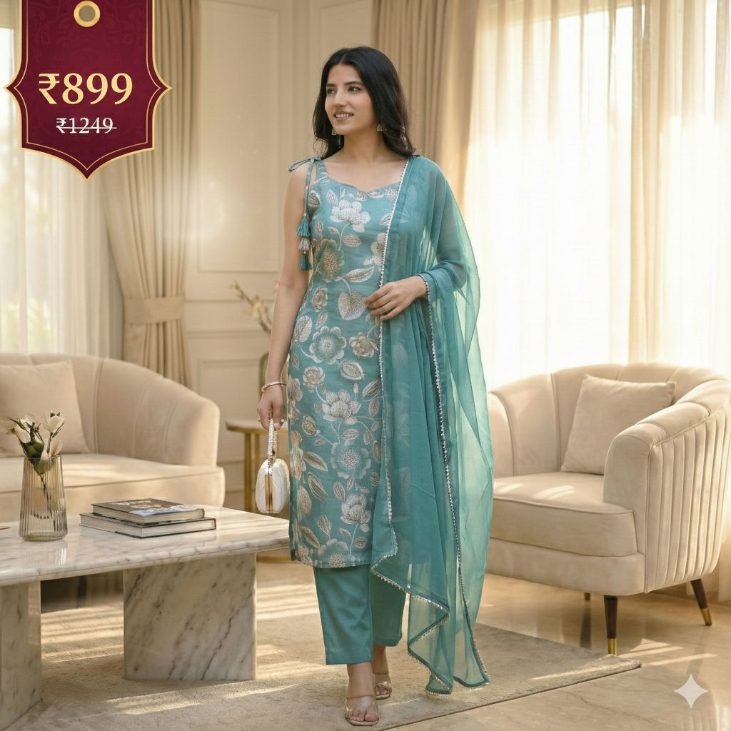 Teal Blue Floral Embroidered 3-Piece Suit Set with Chiffon Dupatta | Festive & Ethnic Wear for Women
