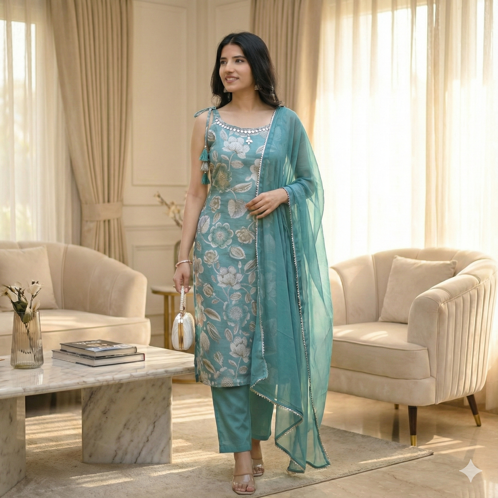Teal Blue Floral Embroidered 3-Piece Suit Set with Chiffon Dupatta | Festive & Ethnic Wear for Women