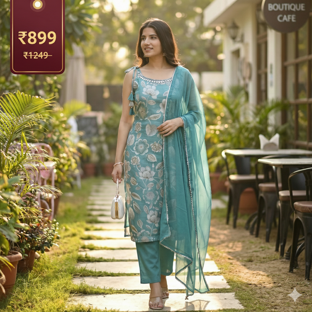 Teal Blue Floral Embroidered 3-Piece Suit Set with Chiffon Dupatta | Festive & Ethnic Wear for Women