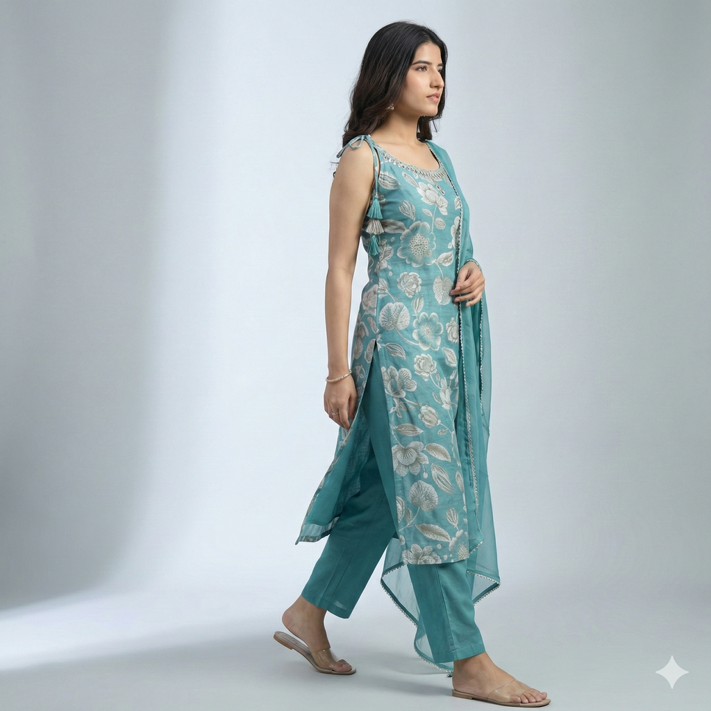 Teal Blue Floral Embroidered 3-Piece Suit Set with Chiffon Dupatta | Festive & Ethnic Wear for Women