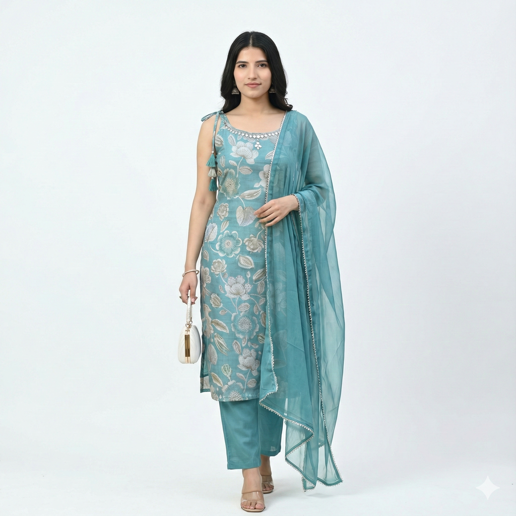 Teal Blue Floral Embroidered 3-Piece Suit Set with Chiffon Dupatta | Festive & Ethnic Wear for Women