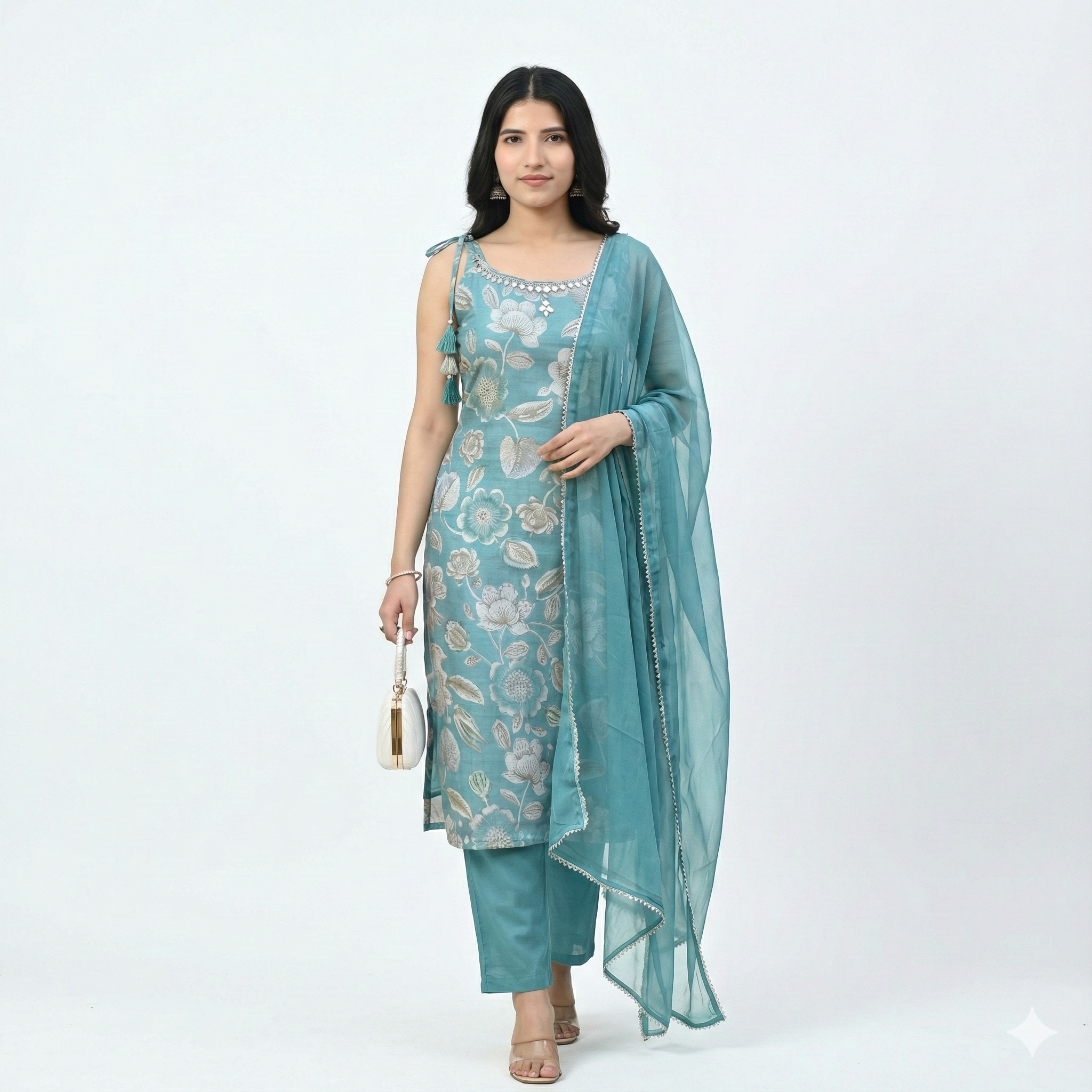 Teal Blue Floral Embroidered 3-Piece Suit Set with Chiffon Dupatta | Festive & Ethnic Wear for Women