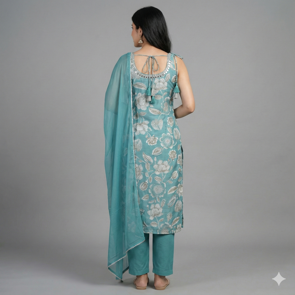 Teal Blue Floral Embroidered 3-Piece Suit Set with Chiffon Dupatta | Festive & Ethnic Wear for Women