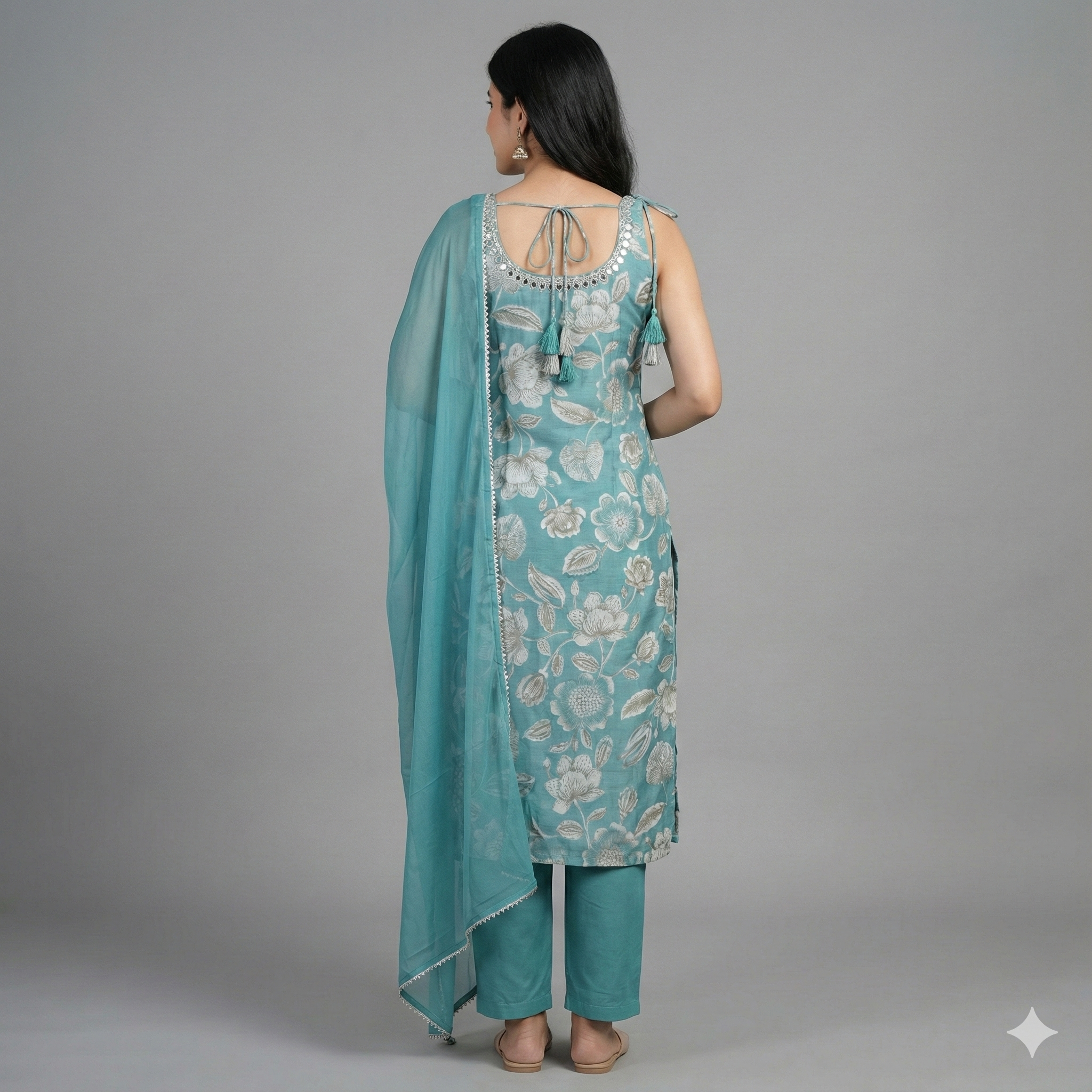 Teal Blue Floral Embroidered 3-Piece Suit Set with Chiffon Dupatta | Festive & Ethnic Wear for Women