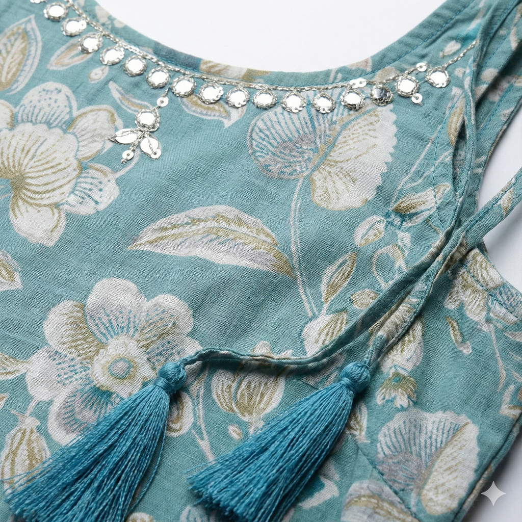 Teal Blue Floral Embroidered 3-Piece Suit Set with Chiffon Dupatta | Festive & Ethnic Wear for Women