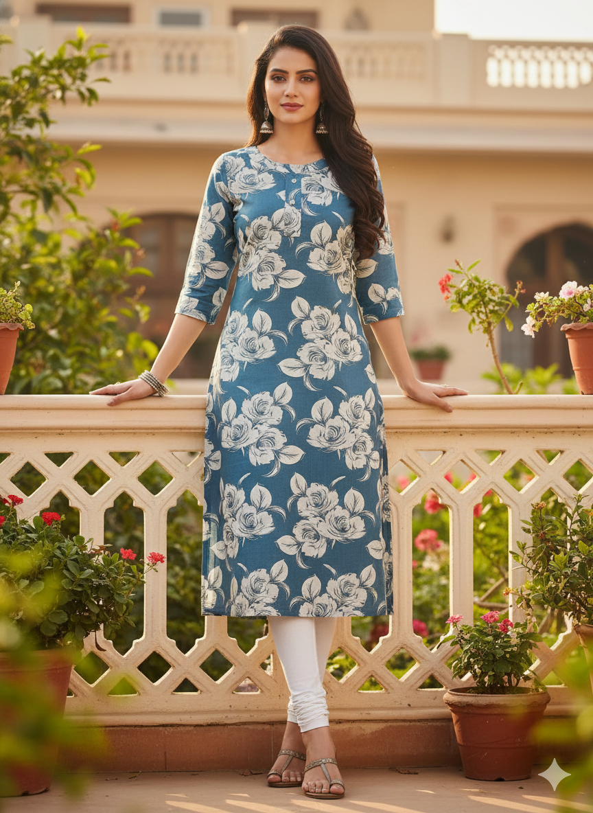 Teal Blue Floral Printed Long Kurti for Women | Soft Cotton Straight Fit Daily Wear Dress