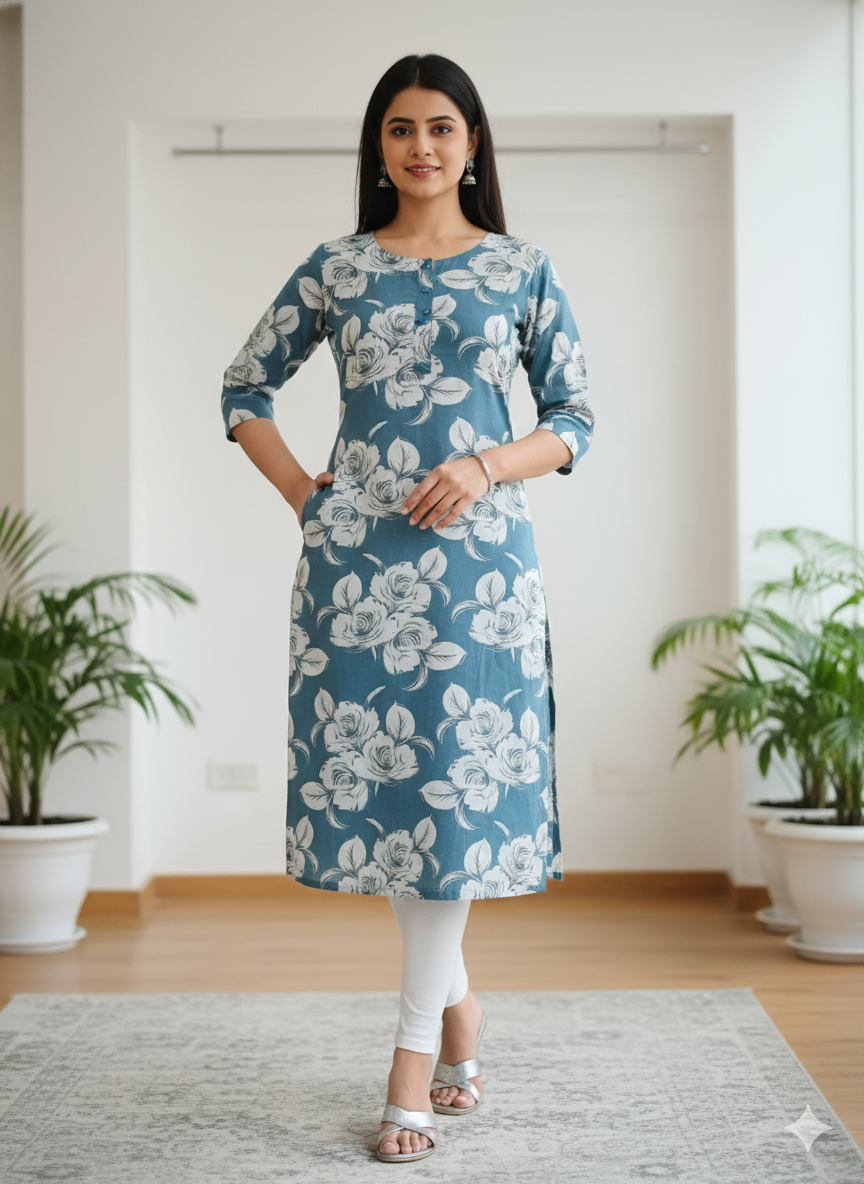 Teal Blue Floral Printed Long Kurti for Women | Soft Cotton Straight Fit Daily Wear Dress