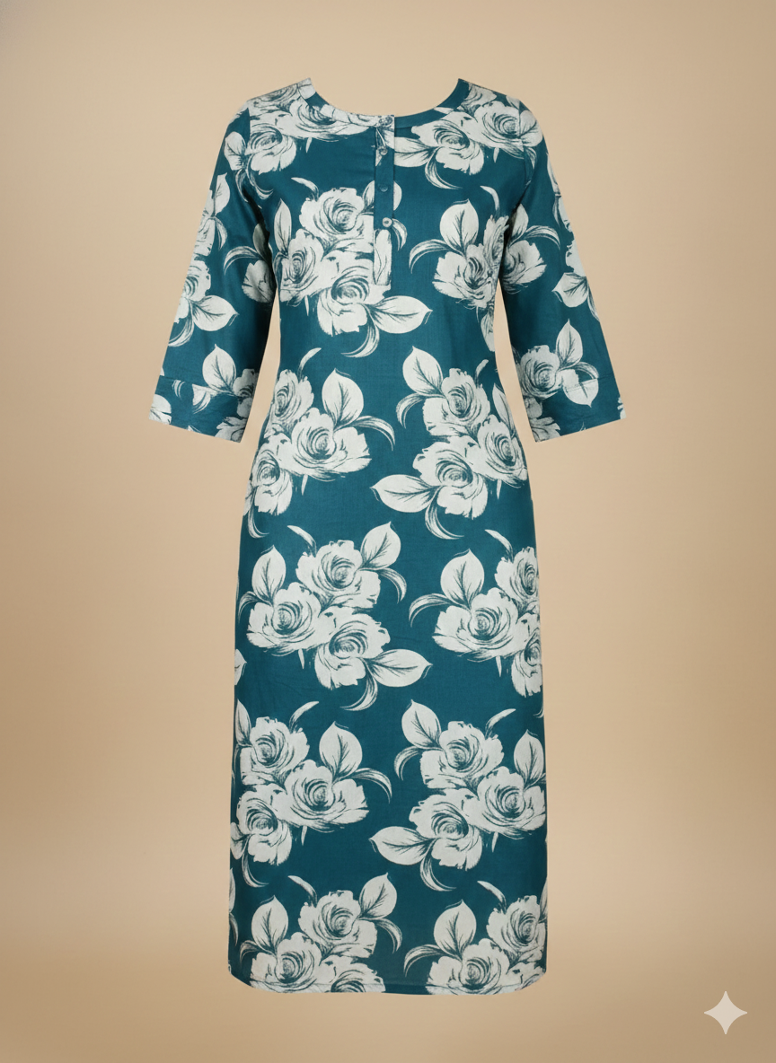 Teal Blue Floral Printed Long Kurti for Women | Soft Cotton Straight Fit Daily Wear Dress