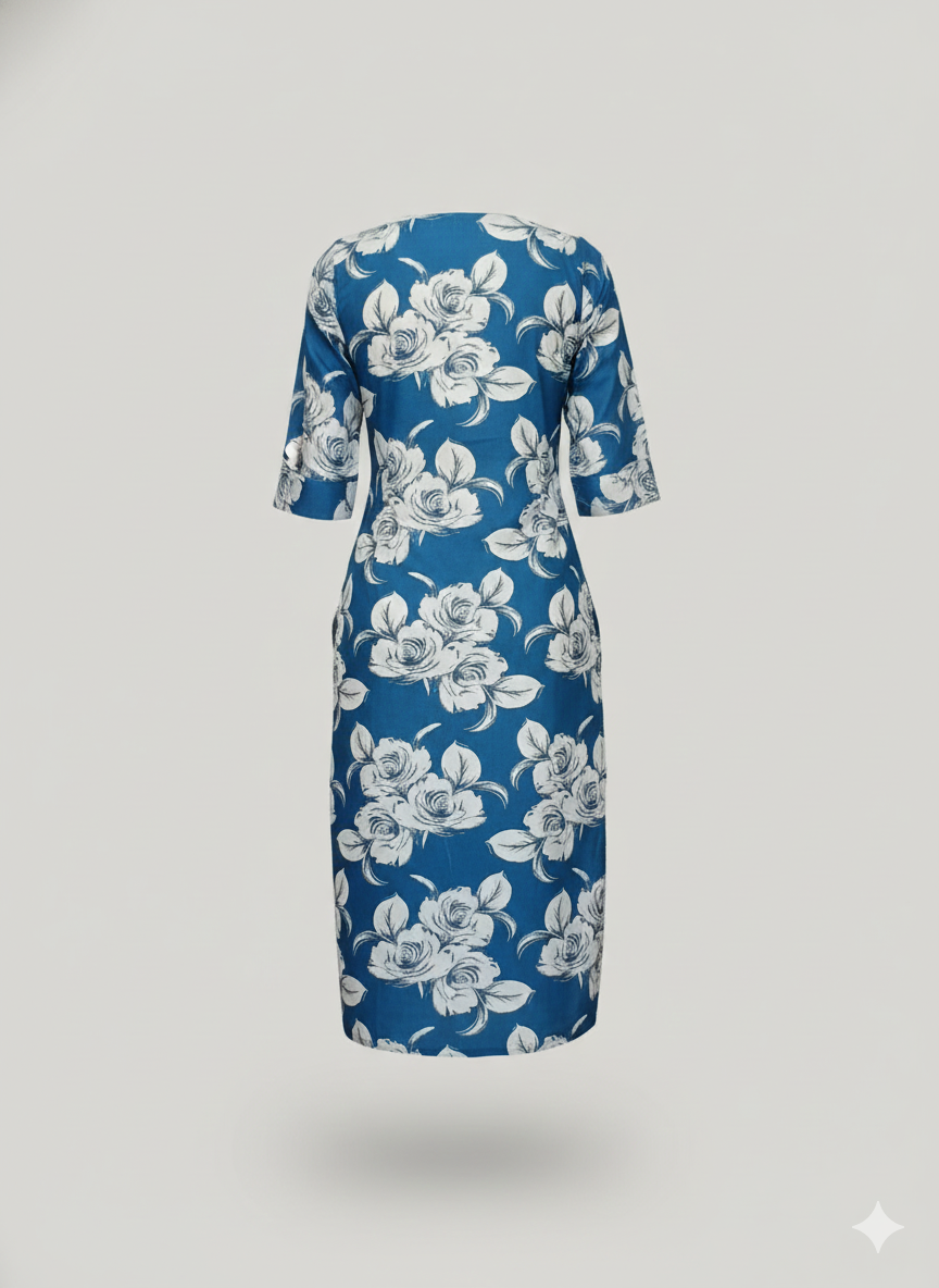 Teal Blue Floral Printed Long Kurti for Women | Soft Cotton Straight Fit Daily Wear Dress