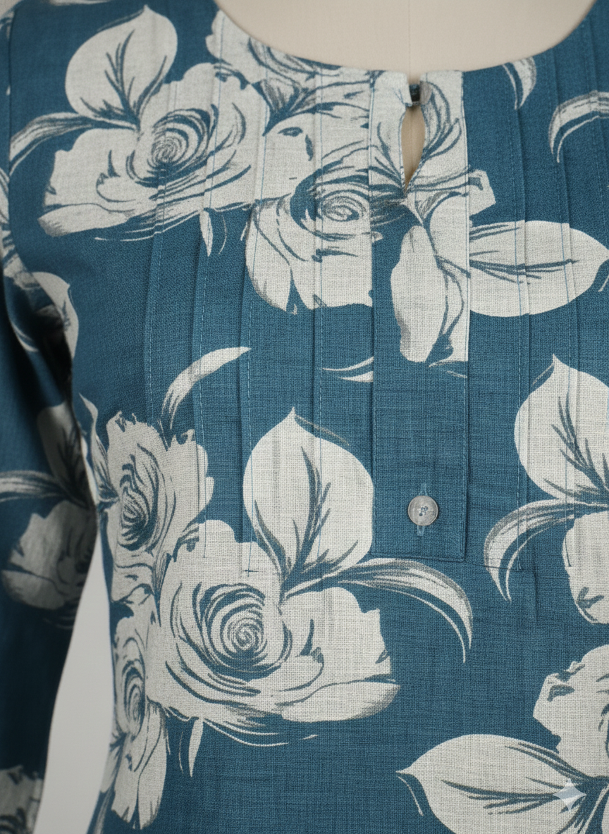 Teal Blue Floral Printed Long Kurti for Women | Soft Cotton Straight Fit Daily Wear Dress