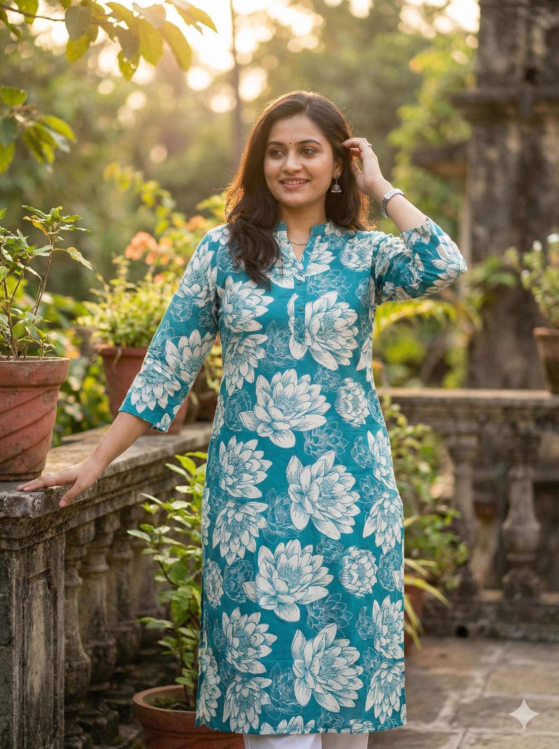 Teal Blue Lotus Floral Print Straight Kurti for Women – 3/4 Sleeve Ethnic Wear