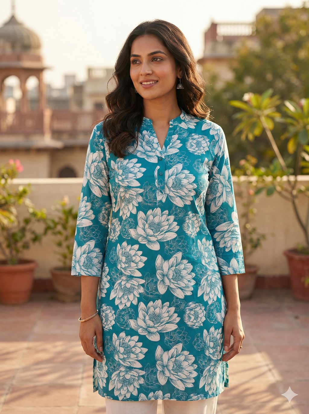 Teal Blue Lotus Floral Print Straight Kurti for Women – 3/4 Sleeve Ethnic Wear