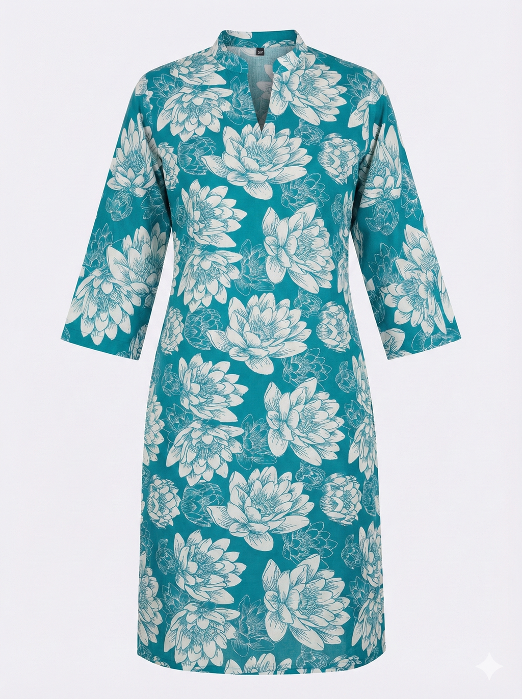 Teal Blue Lotus Floral Print Straight Kurti for Women – 3/4 Sleeve Ethnic Wear