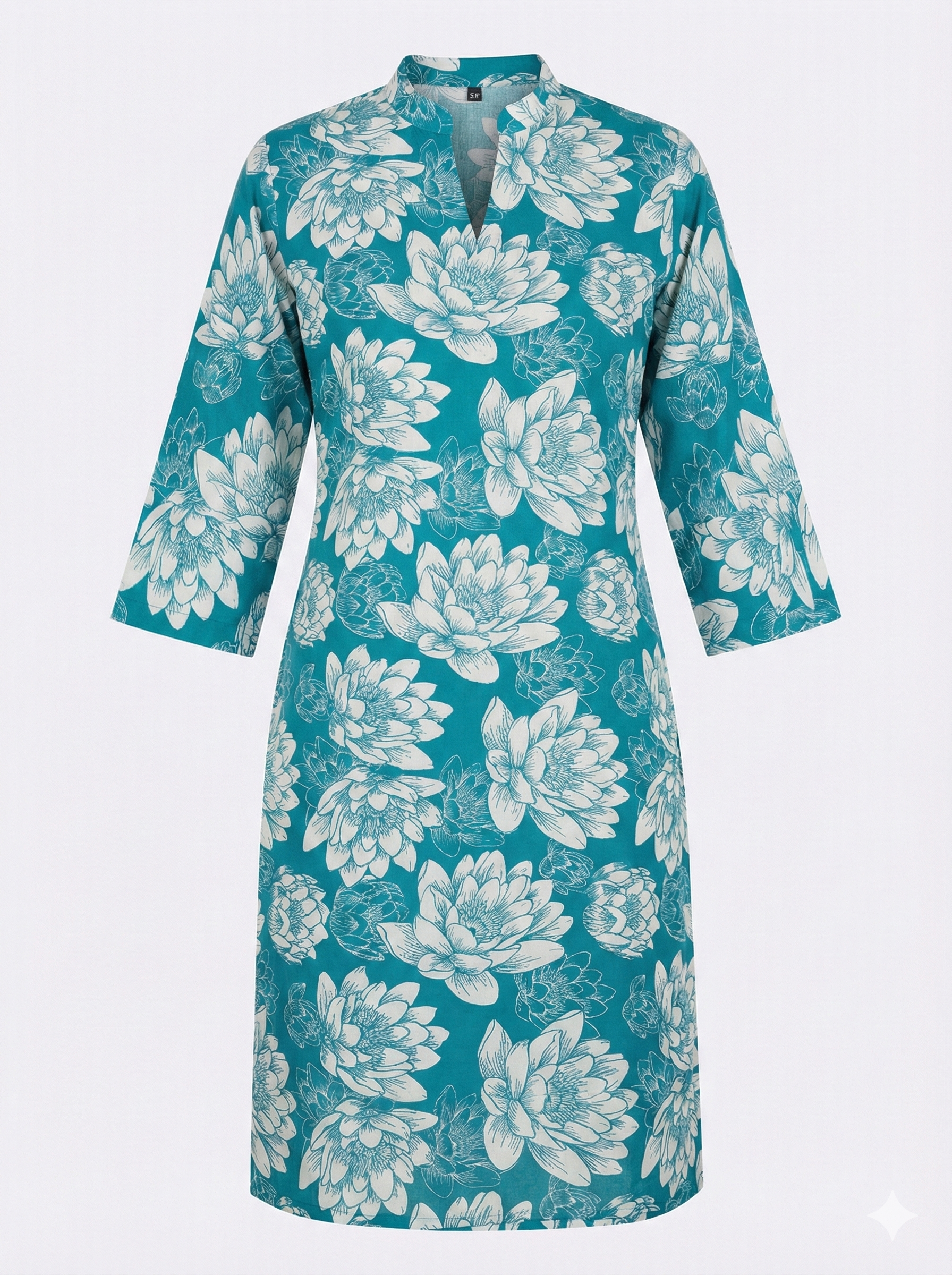 Teal Blue Lotus Floral Print Straight Kurti for Women – 3/4 Sleeve Ethnic Wear