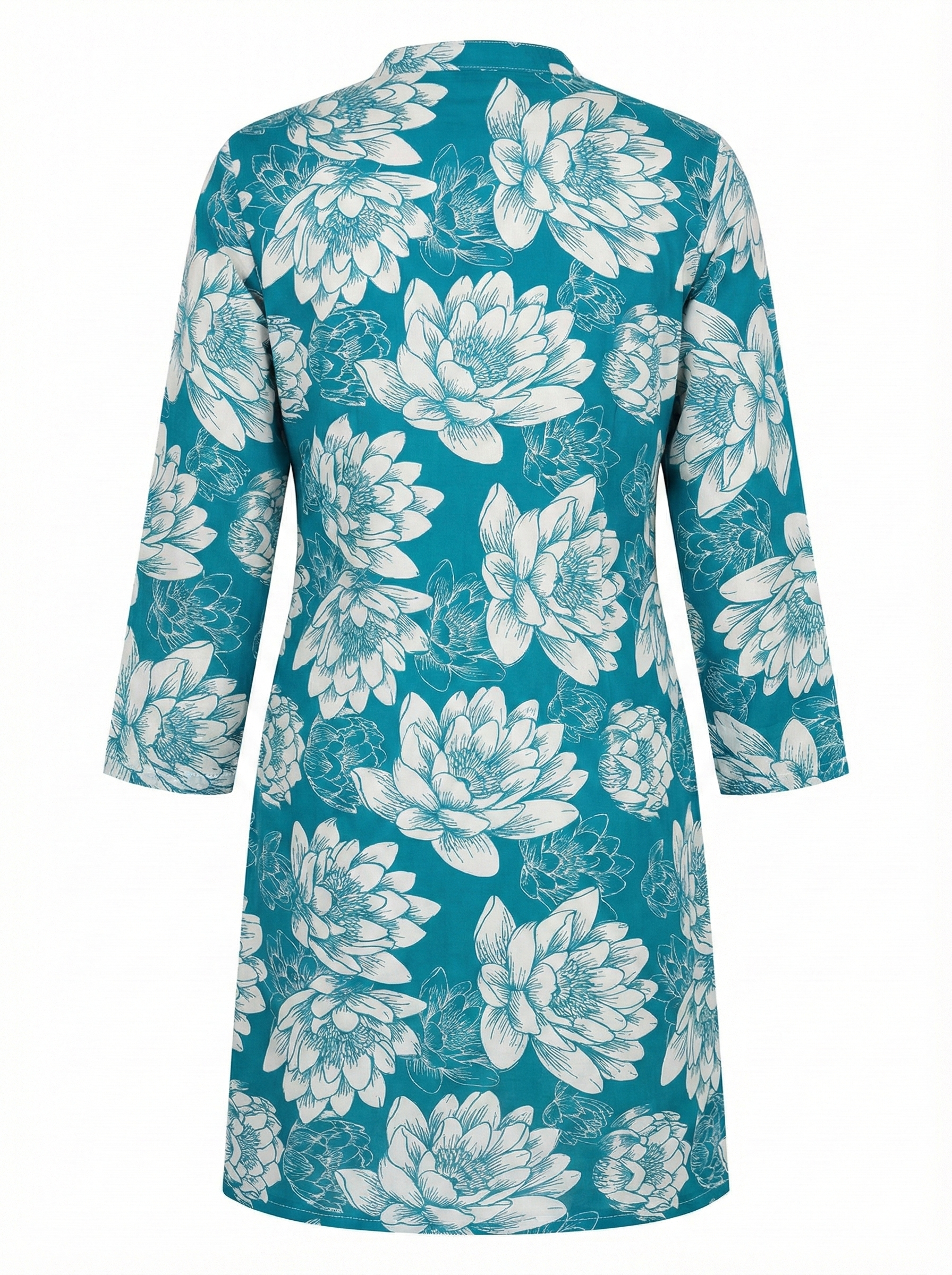 Teal Blue Lotus Floral Print Straight Kurti for Women – 3/4 Sleeve Ethnic Wear