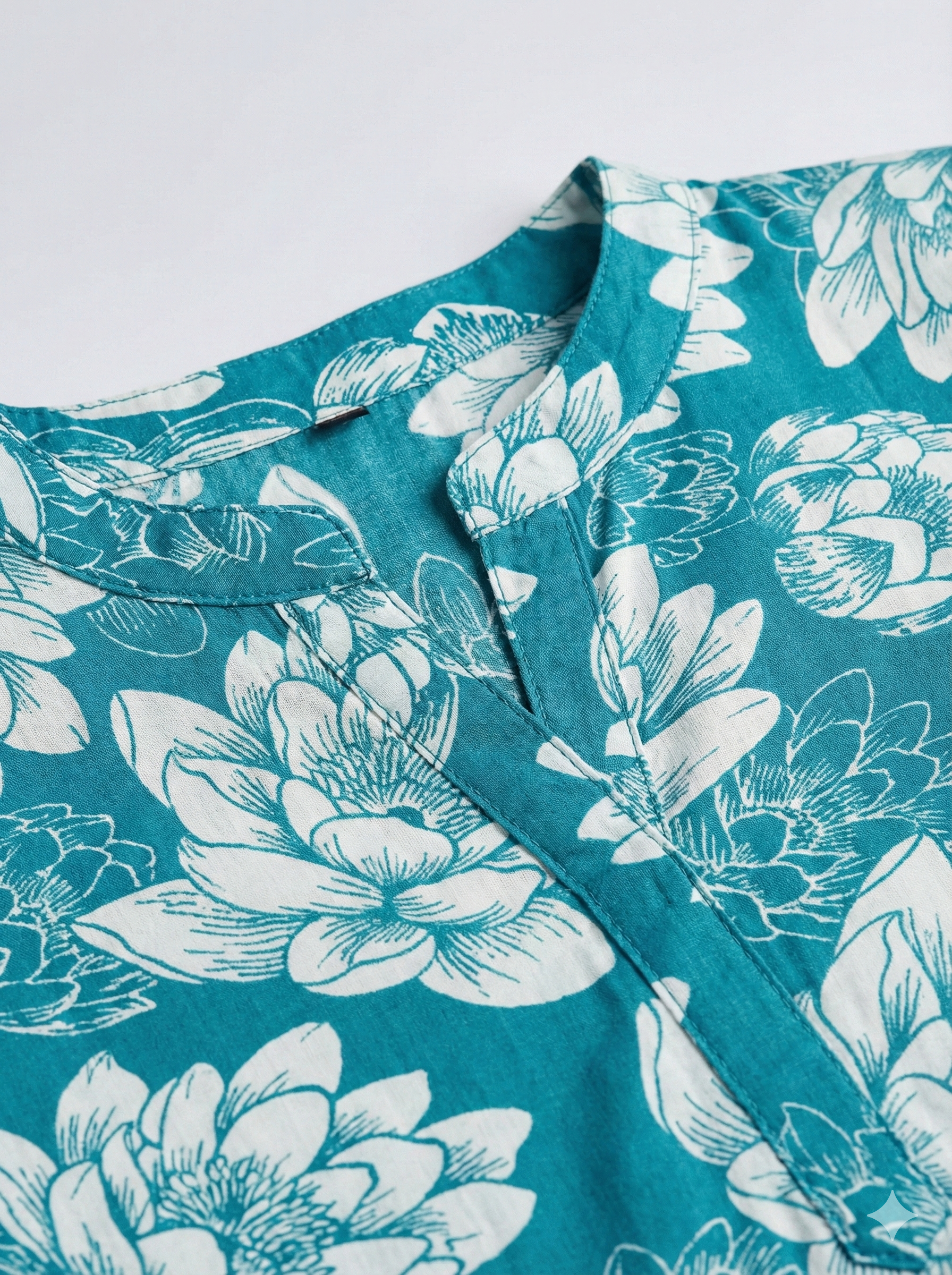 Teal Blue Lotus Floral Print Straight Kurti for Women – 3/4 Sleeve Ethnic Wear