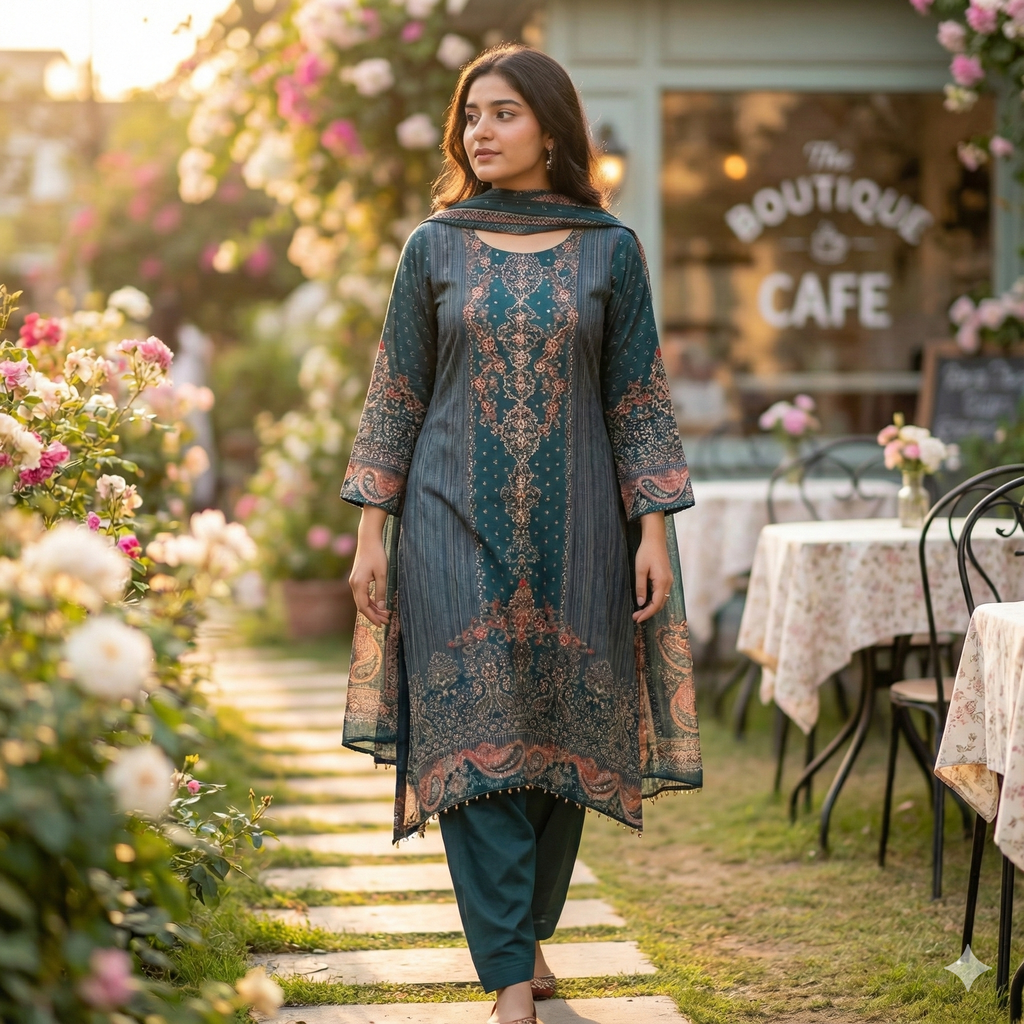 Teal Blue Printed Cotton 3-Piece Kurta Pant Dupatta Set for Women | Elegant Casual & Daily Wear Suit