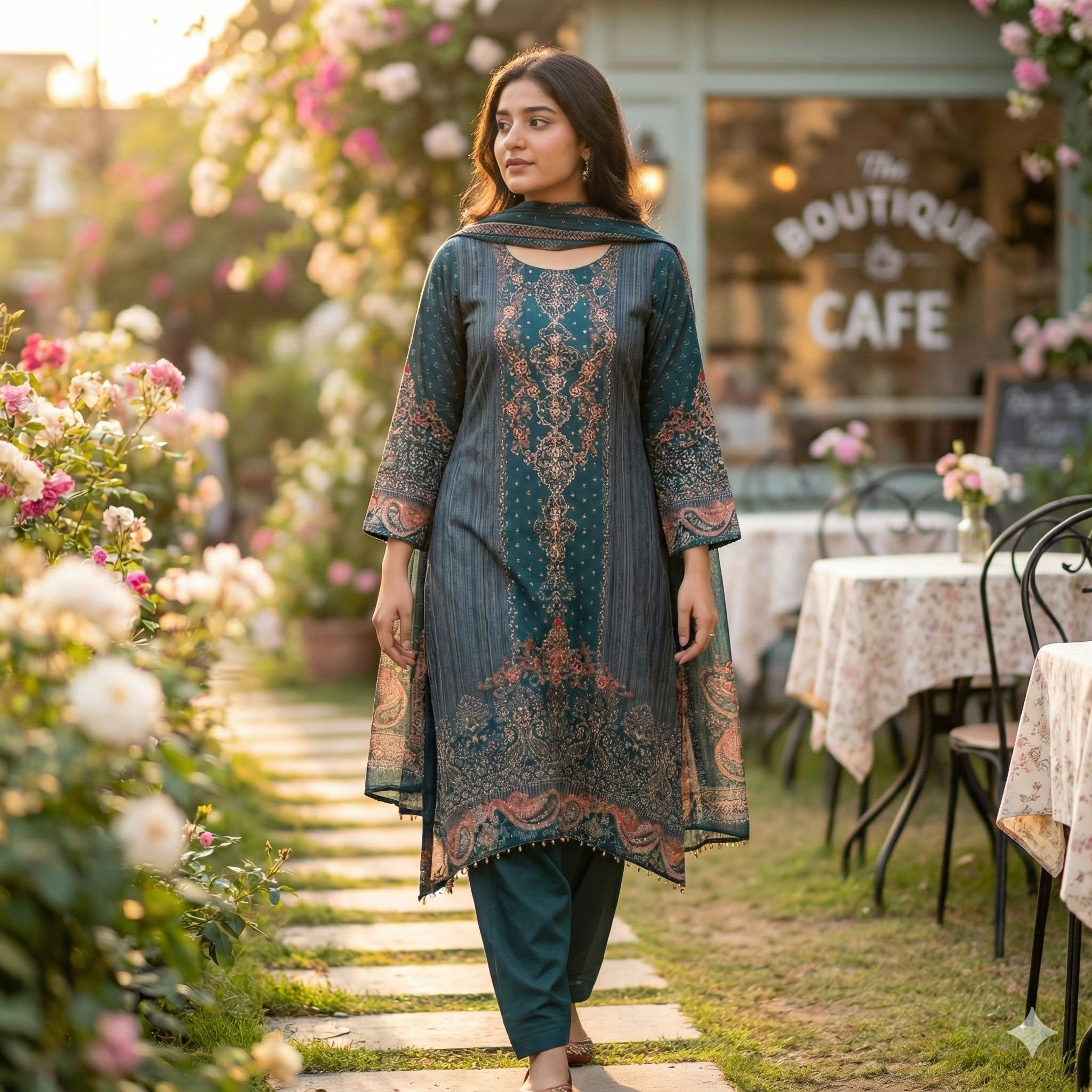 Teal Blue Printed Cotton 3-Piece Kurta Pant Dupatta Set for Women | Elegant Casual & Daily Wear Suit