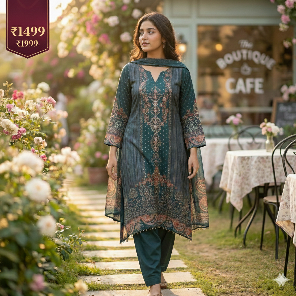 Teal Blue Printed Cotton 3-Piece Kurta Pant Dupatta Set for Women | Elegant Casual & Daily Wear Suit