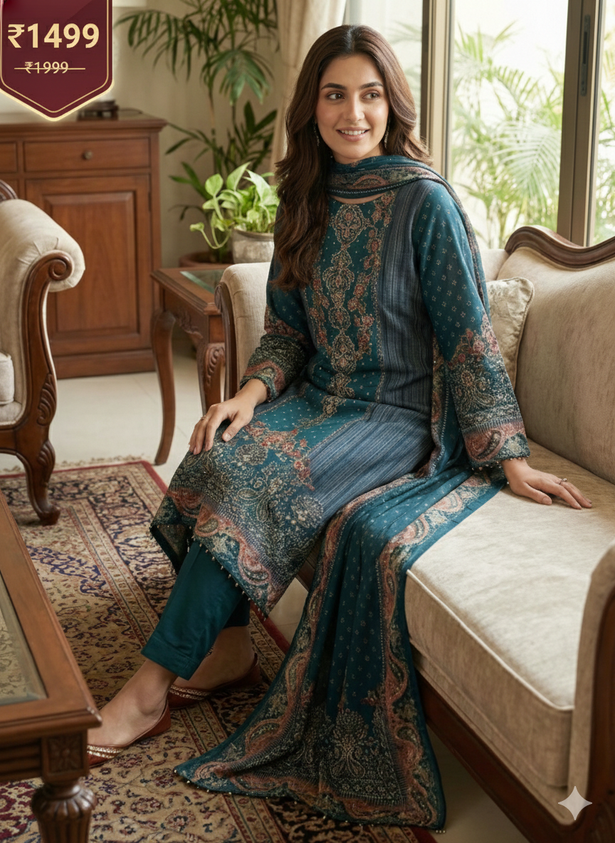 Teal Blue Printed Cotton 3-Piece Kurta Pant Dupatta Set for Women | Elegant Casual & Daily Wear Suit