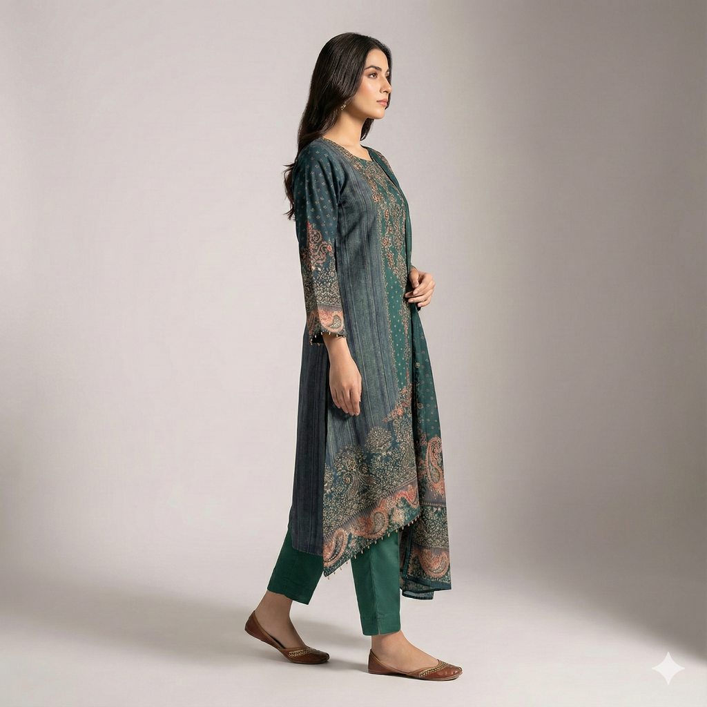 Teal Blue Printed Cotton 3-Piece Kurta Pant Dupatta Set for Women | Elegant Casual & Daily Wear Suit