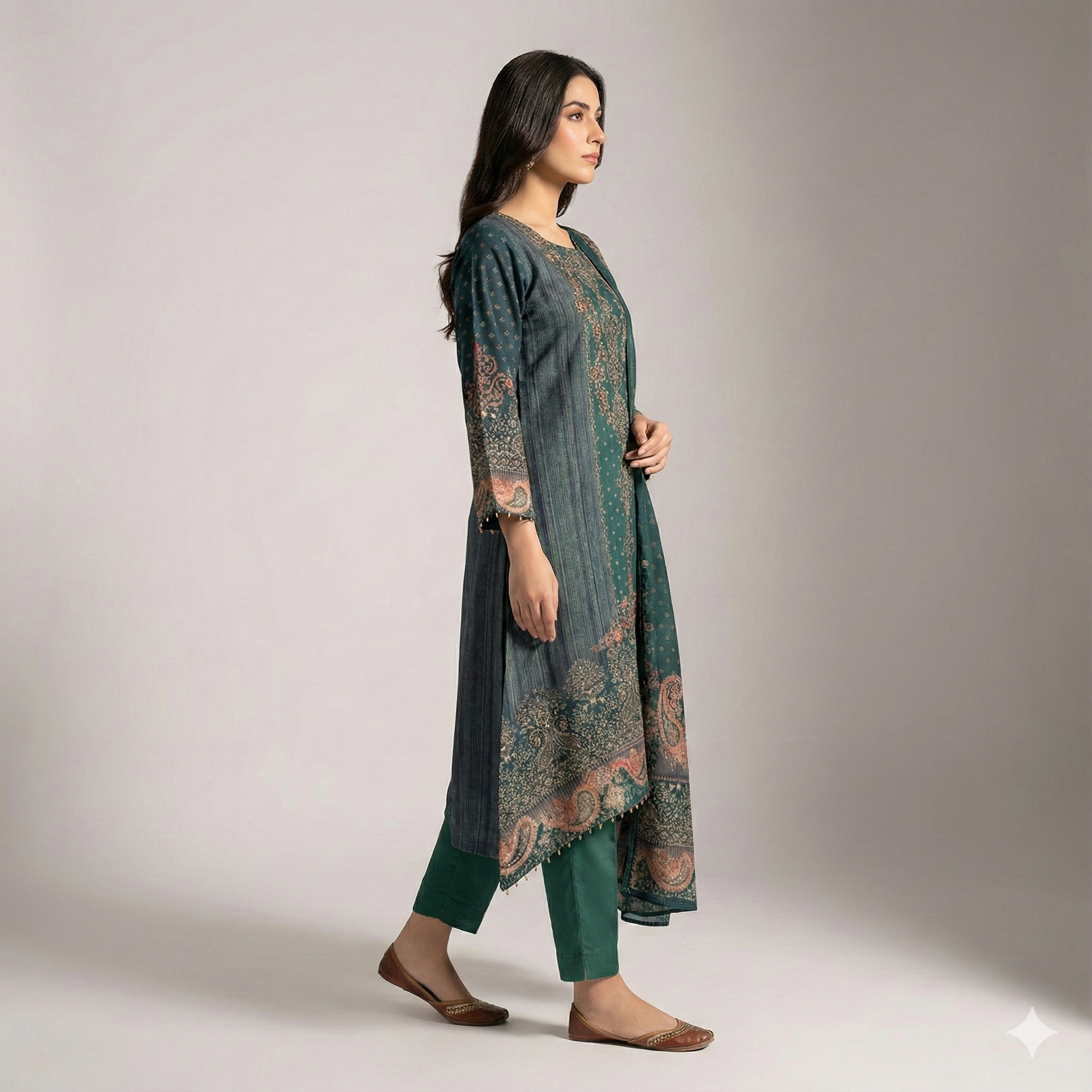 Teal Blue Printed Cotton 3-Piece Kurta Pant Dupatta Set for Women | Elegant Casual & Daily Wear Suit