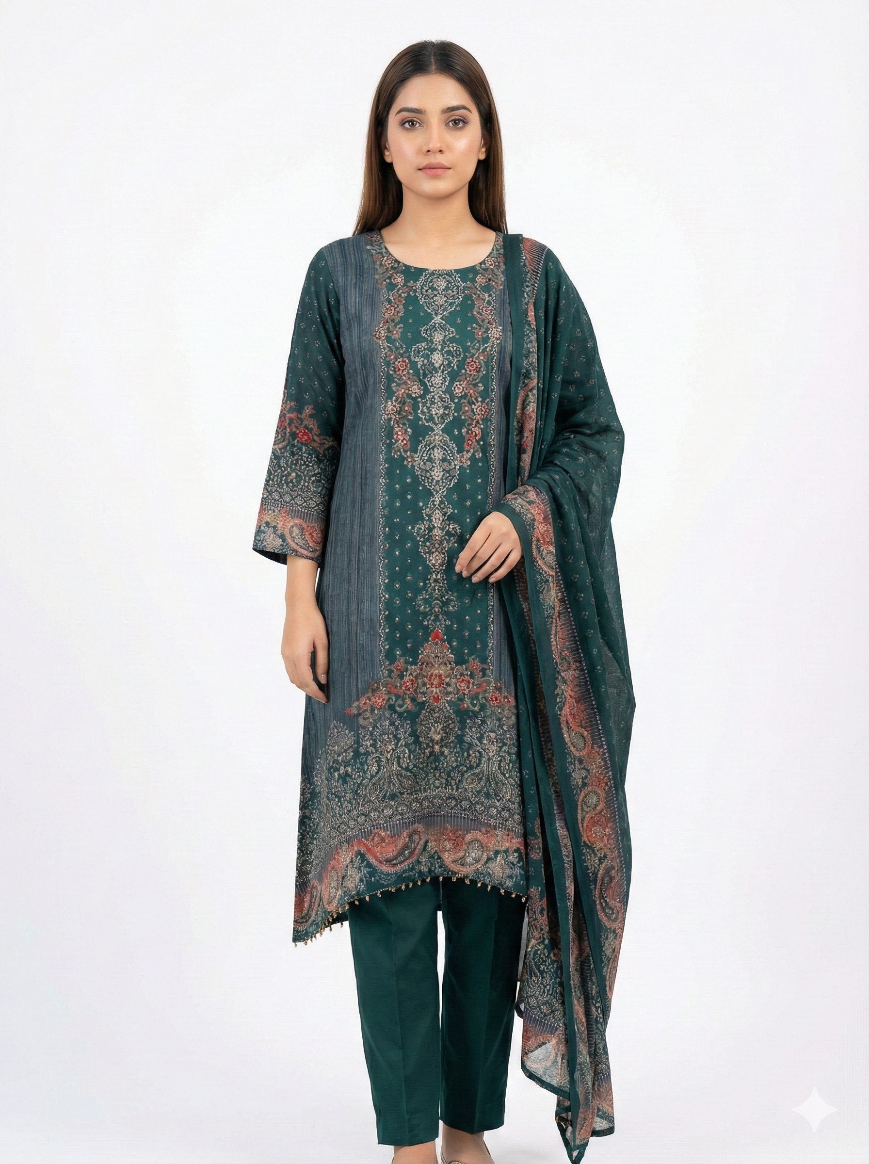 Teal Blue Printed Cotton 3-Piece Kurta Pant Dupatta Set for Women | Elegant Casual & Daily Wear Suit