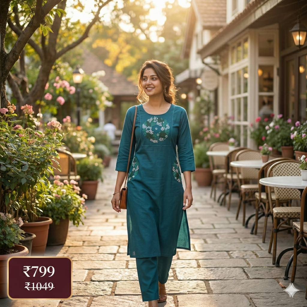 Teal Cotton Embroidered Co-ord Set for Women – Elegant Kurta & Pant Set | Daily & Office Wear