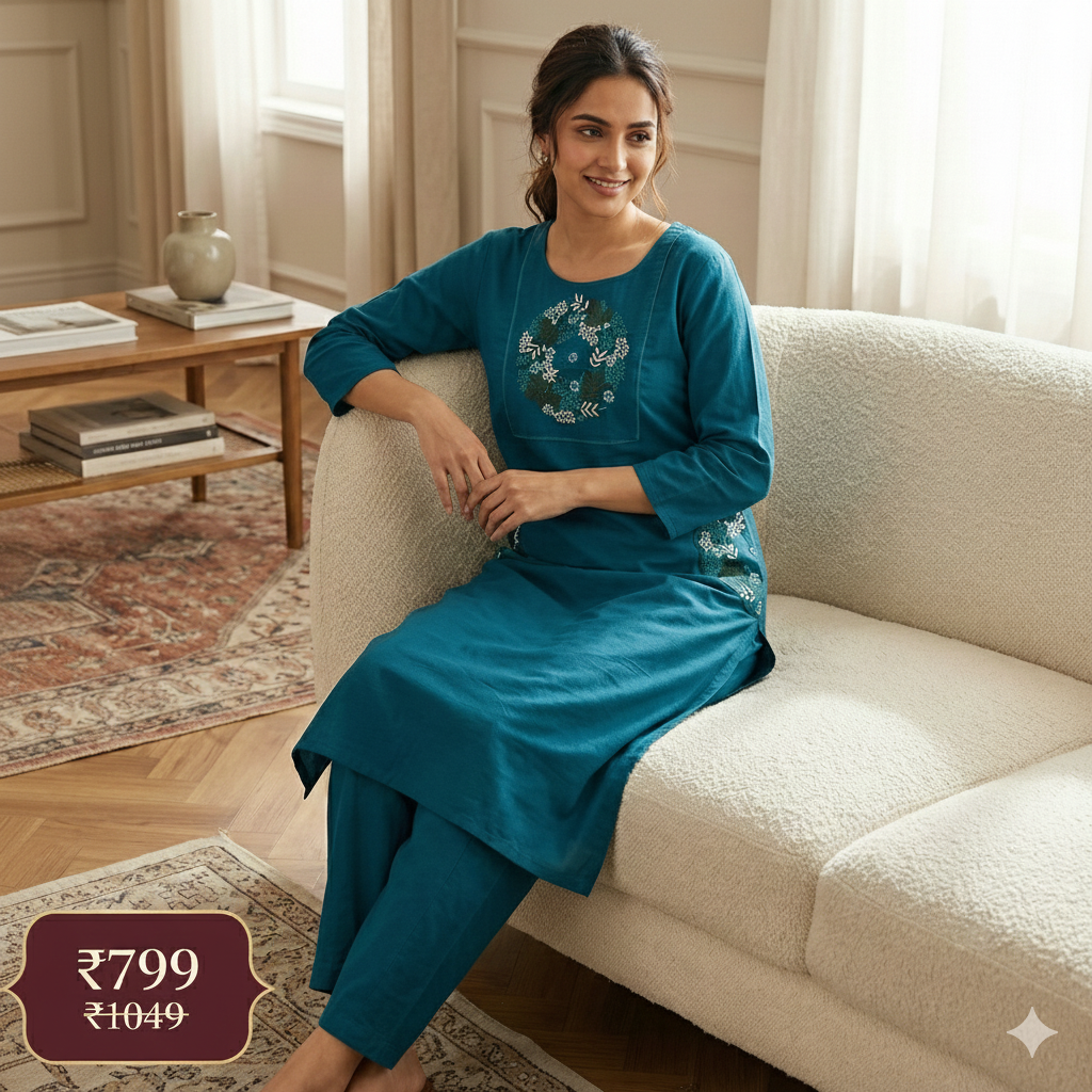 Teal Cotton Embroidered Co-ord Set for Women – Elegant Kurta & Pant Set | Daily & Office Wear