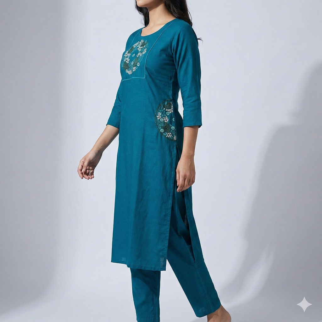 Teal Cotton Embroidered Co-ord Set for Women – Elegant Kurta & Pant Set | Daily & Office Wear