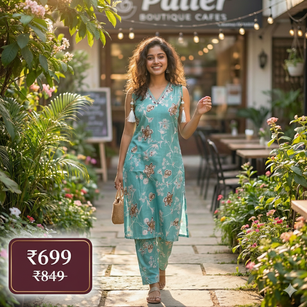 Teal Floral Printed Cotton Co-ord Set for Women | Elegant 2-Piece Kurta & Pant Set | Short Sleeves Attached Inside