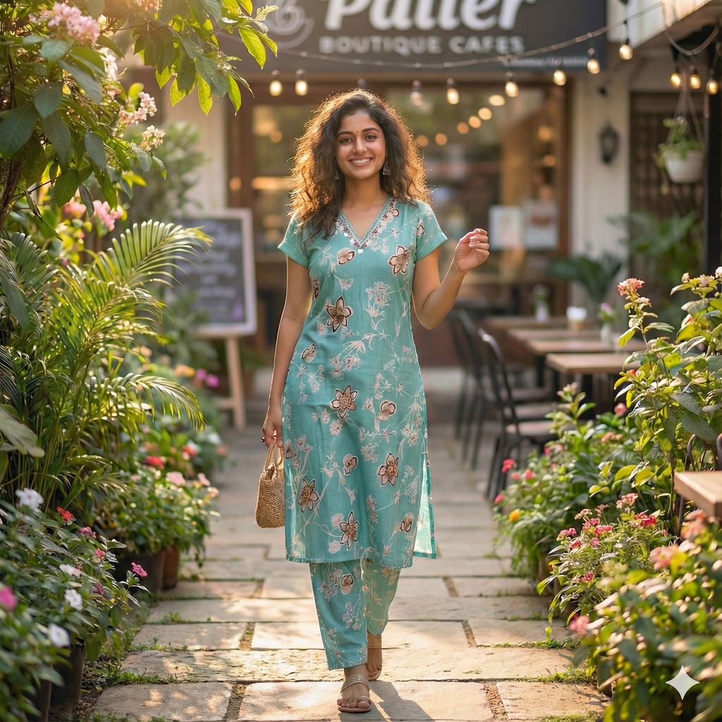 Teal Floral Printed Cotton Co-ord Set for Women | Elegant 2-Piece Kurta & Pant Set | Short Sleeves Attached Inside
