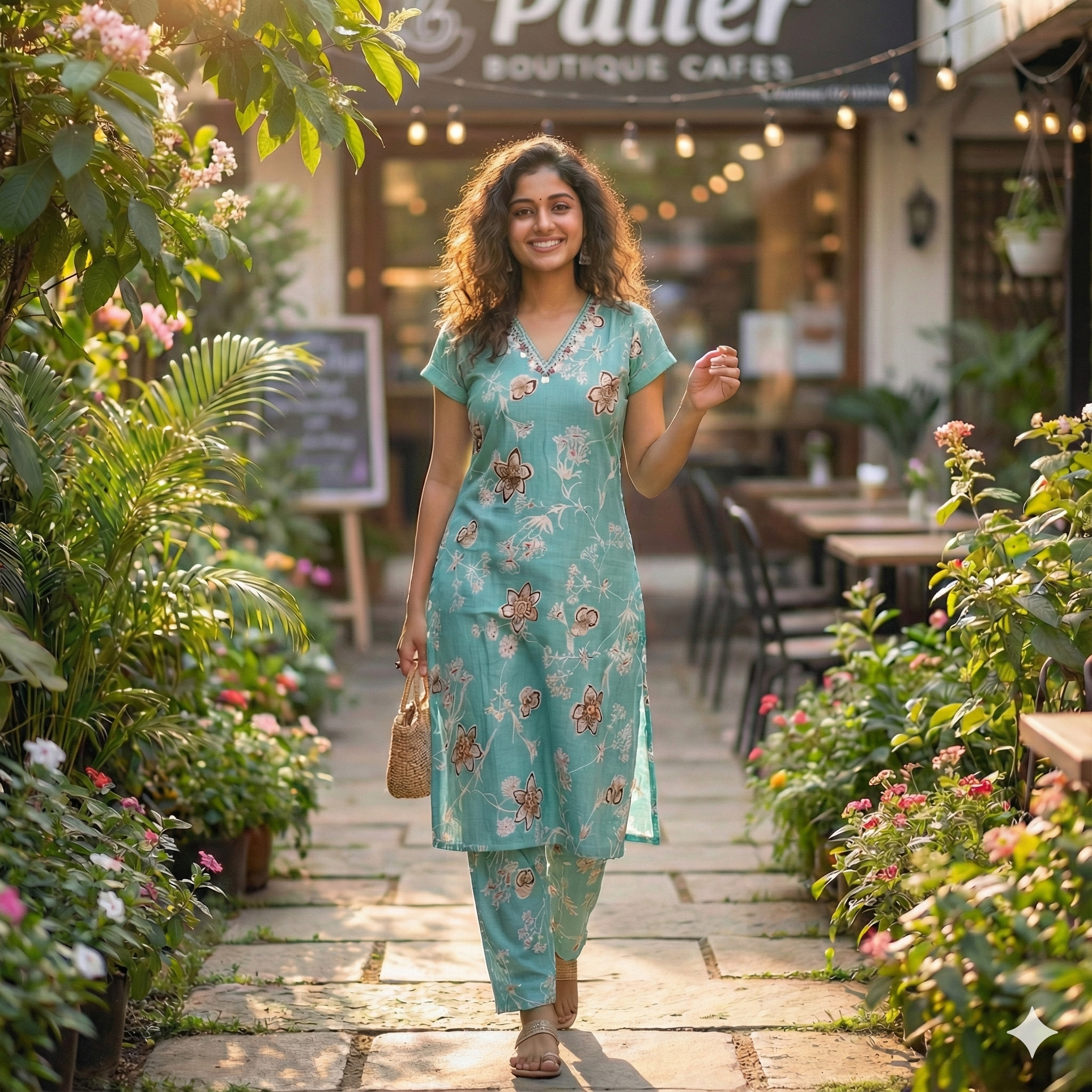 Teal Floral Printed Cotton Co-ord Set for Women | Elegant 2-Piece Kurta & Pant Set | Short Sleeves Attached Inside