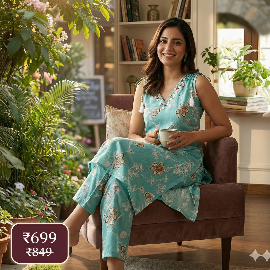 Teal Floral Printed Cotton Co-ord Set for Women | Elegant 2-Piece Kurta & Pant Set | Short Sleeves Attached Inside