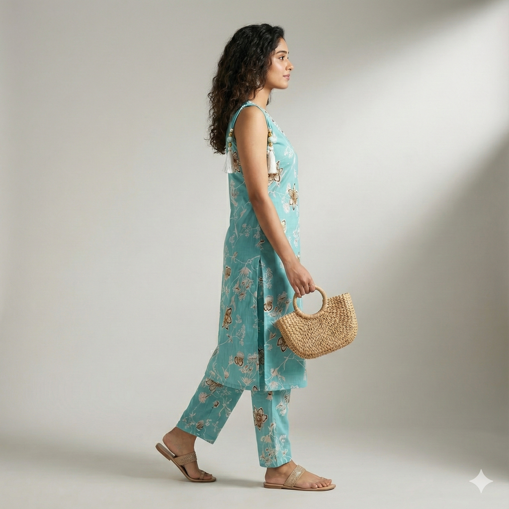 Teal Floral Printed Cotton Co-ord Set for Women | Elegant 2-Piece Kurta & Pant Set | Short Sleeves Attached Inside