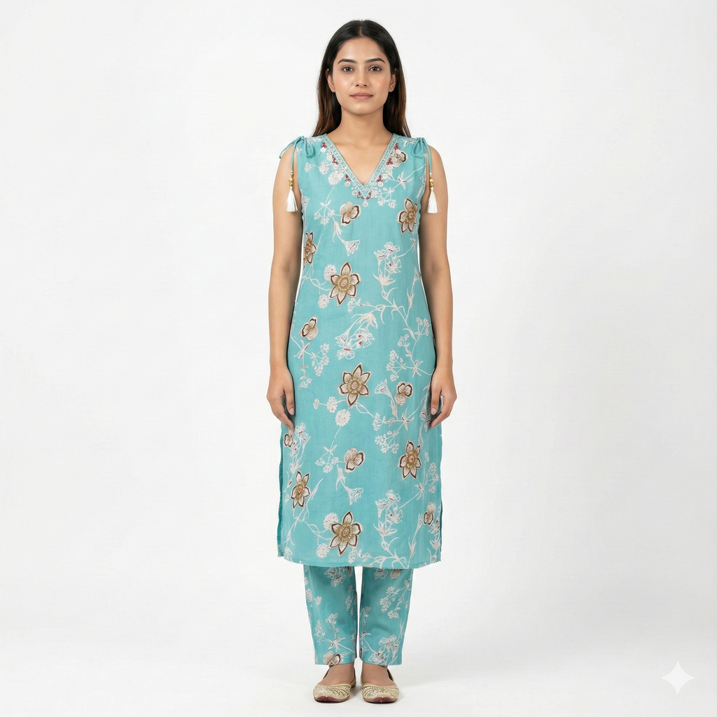 Teal Floral Printed Cotton Co-ord Set for Women | Elegant 2-Piece Kurta & Pant Set | Short Sleeves Attached Inside