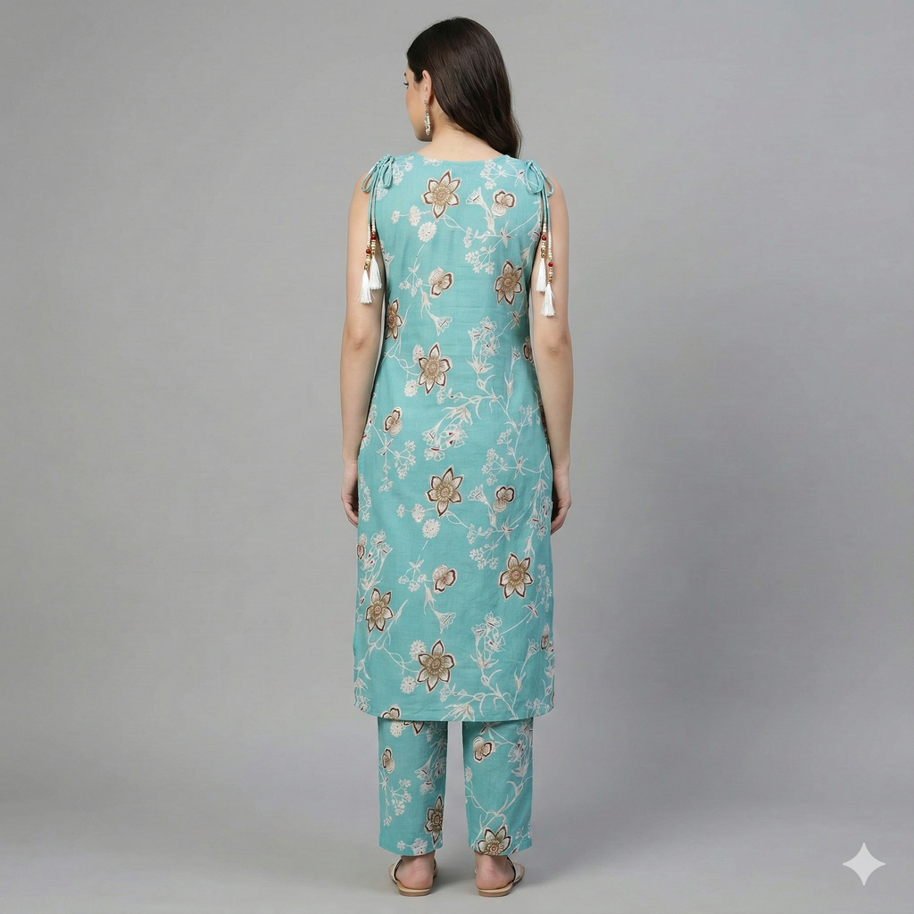 Teal Floral Printed Cotton Co-ord Set for Women | Elegant 2-Piece Kurta & Pant Set | Short Sleeves Attached Inside