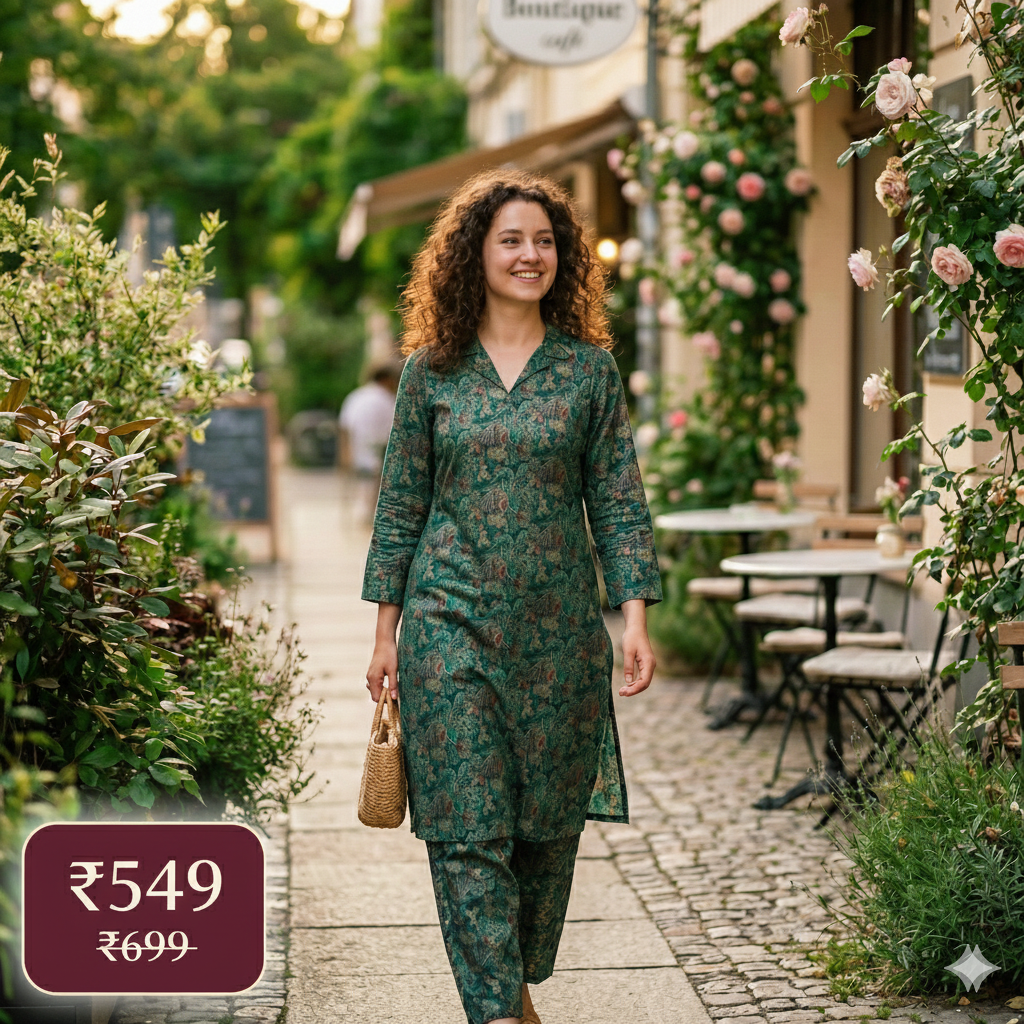 Teal Green Printed Cotton Co-ord Set for Women | Stylish Kurta & Pant Set