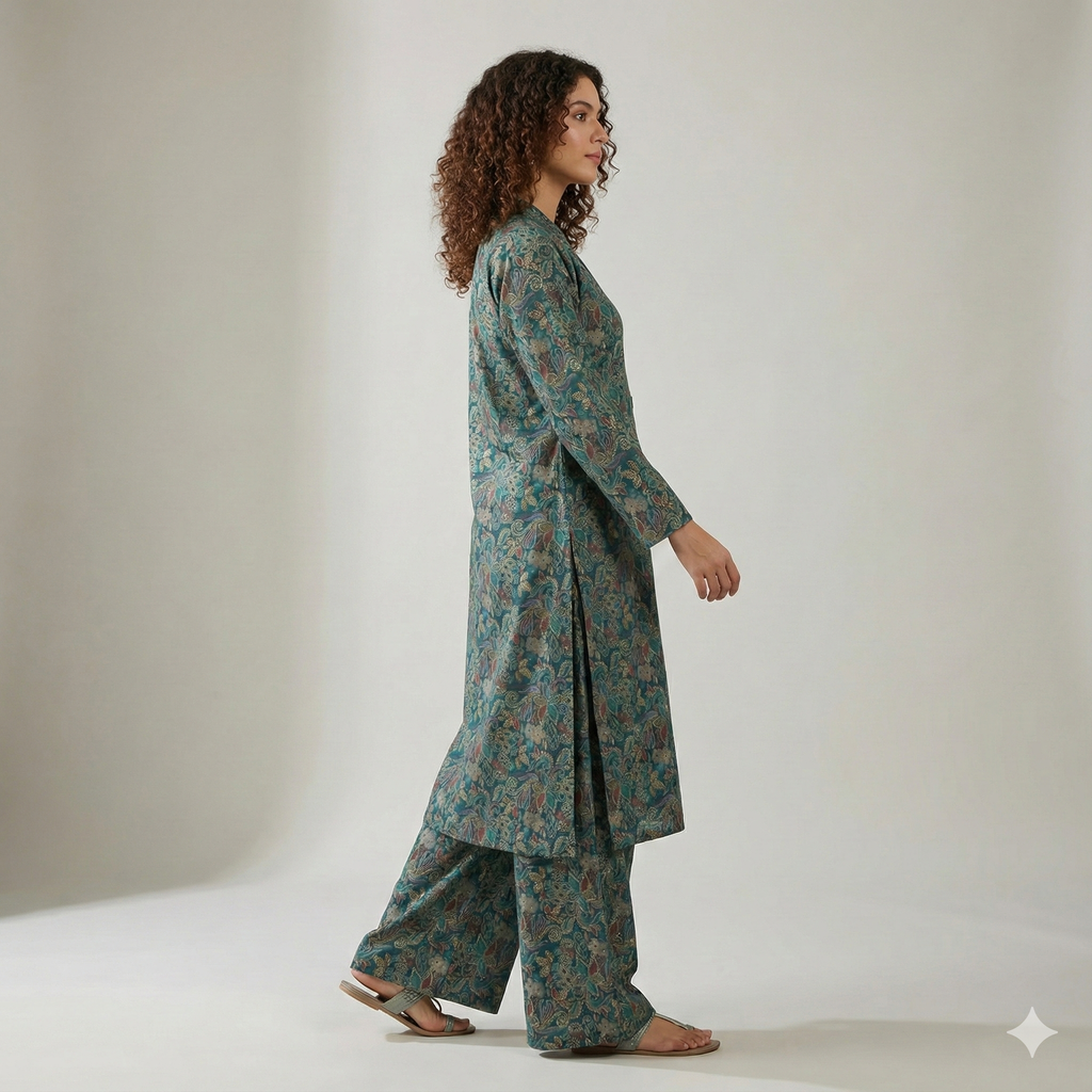 Teal Green Printed Cotton Co-ord Set for Women | Stylish Kurta & Pant Set