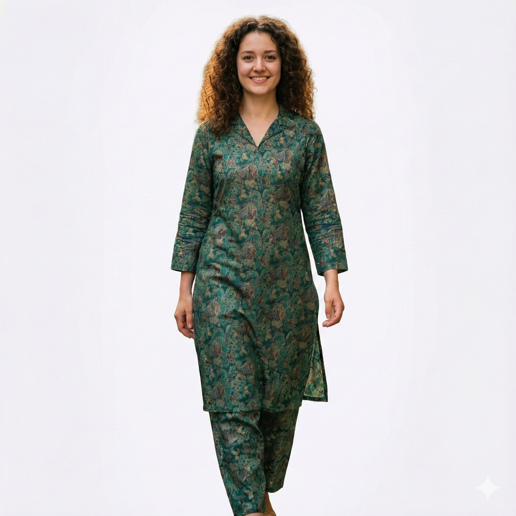 Teal Green Printed Cotton Co-ord Set for Women | Stylish Kurta & Pant Set