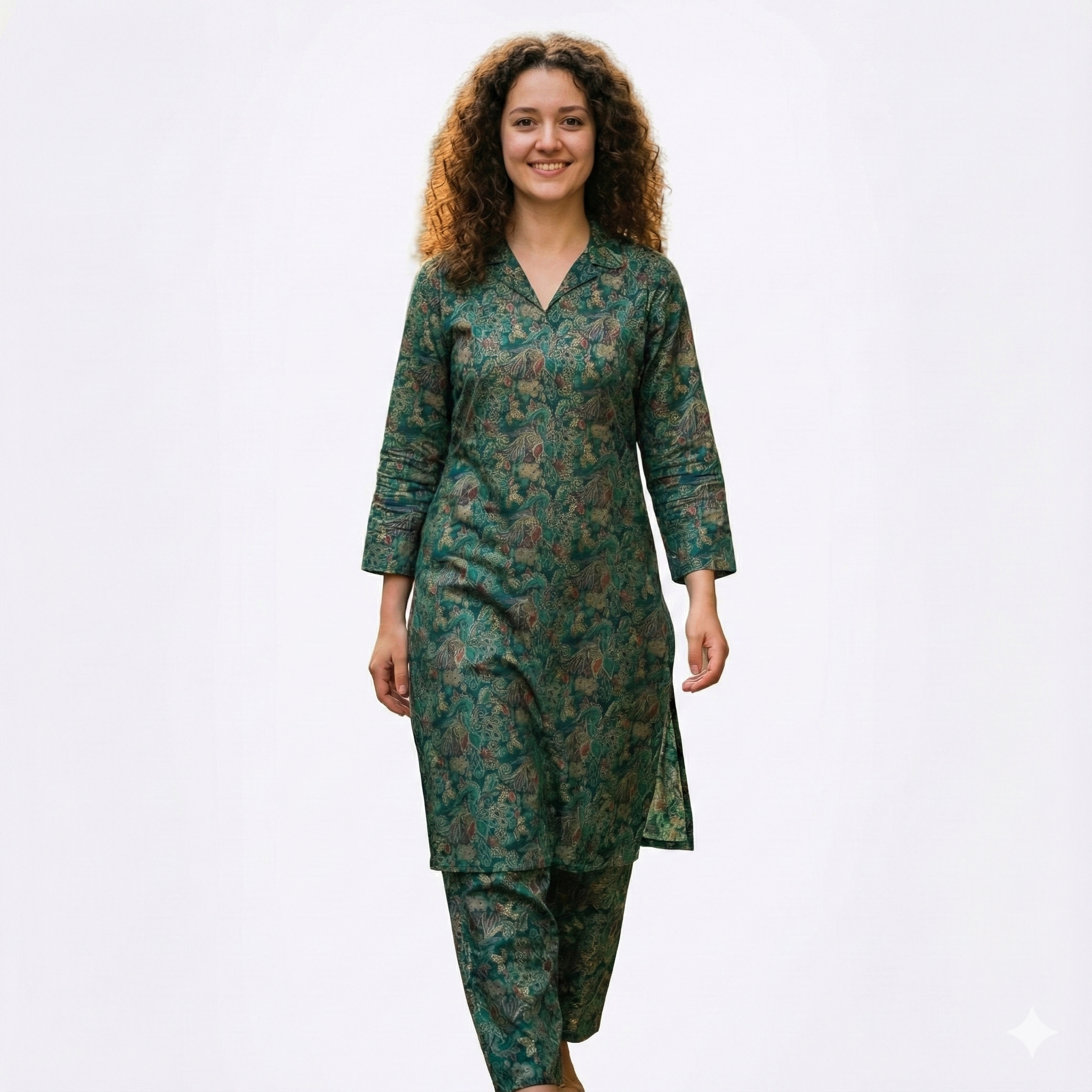 Teal Green Printed Cotton Co-ord Set for Women | Stylish Kurta & Pant Set