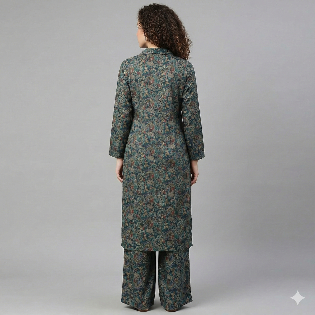 Teal Green Printed Cotton Co-ord Set for Women | Stylish Kurta & Pant Set