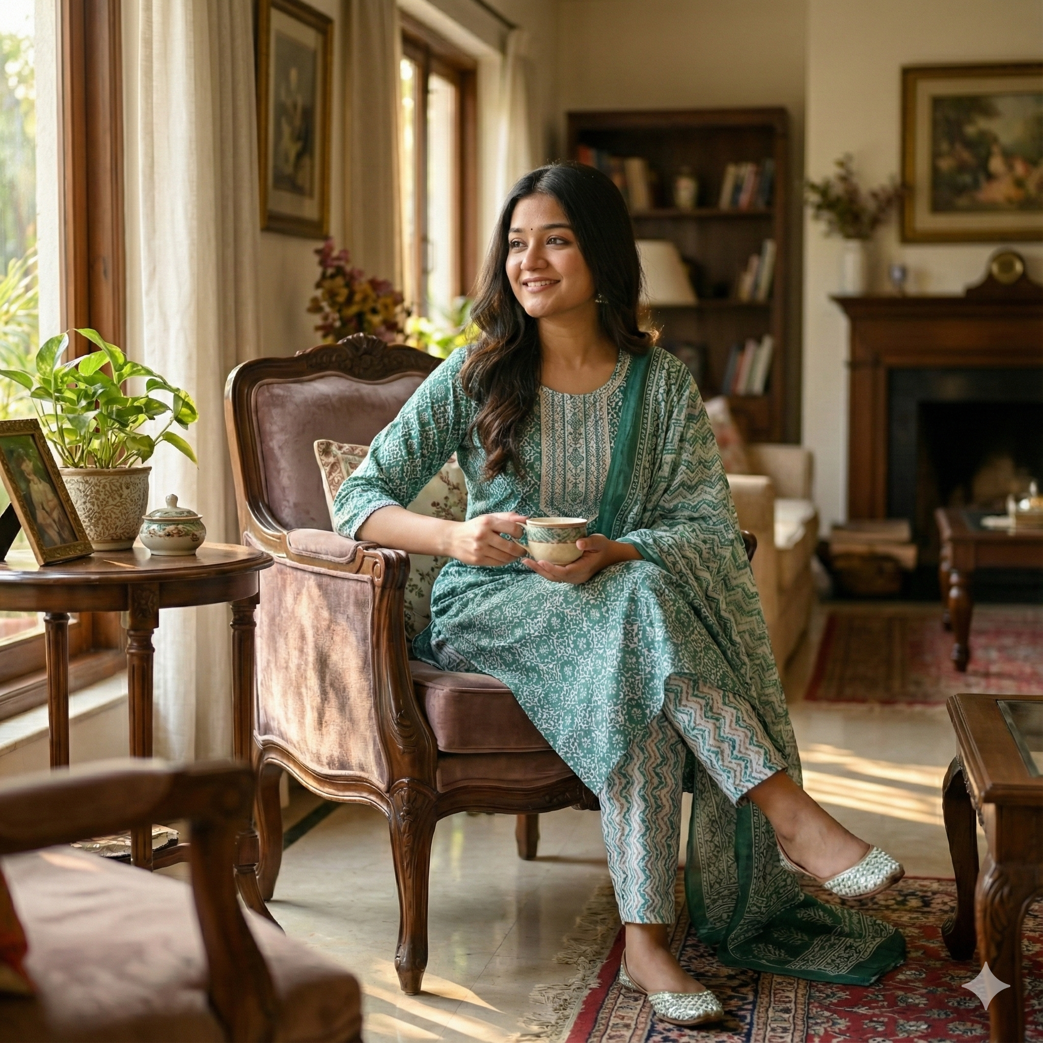 Teal Green Printed Cotton 3-Piece Kurta Pant Dupatta Set for Women | Elegant Daily Wear Suit Set