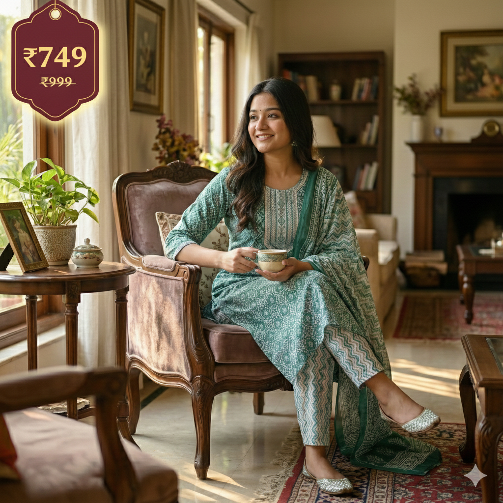 Teal Green Printed Cotton 3-Piece Kurta Pant Dupatta Set for Women | Elegant Daily Wear Suit Set